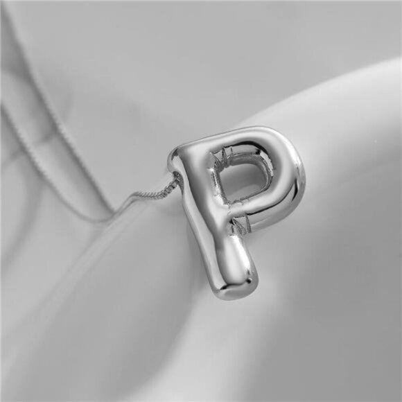 Silver Initial Pendant Necklace – Personalized Letter “P” Trendy Stuffed Bubble - Picture 2 of 5